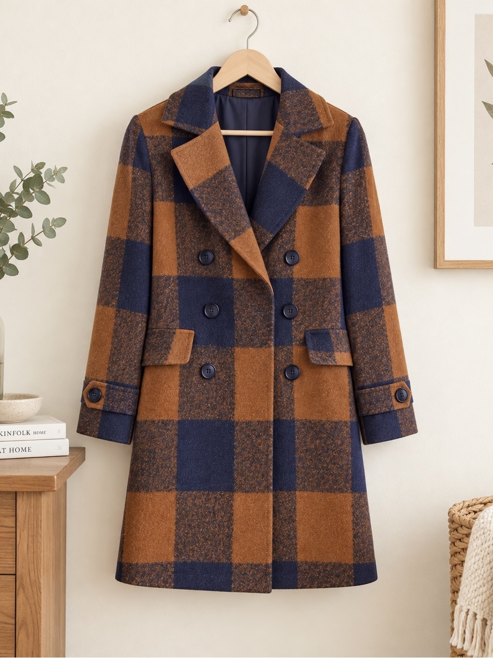 Double-Breasted Plaid Pea Coat in Navy and Brown